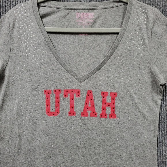 Victoria Secret Pink Blouse Top Sequins Bling Gray Red Utah Logo Womens Large - Picture 2 of 12